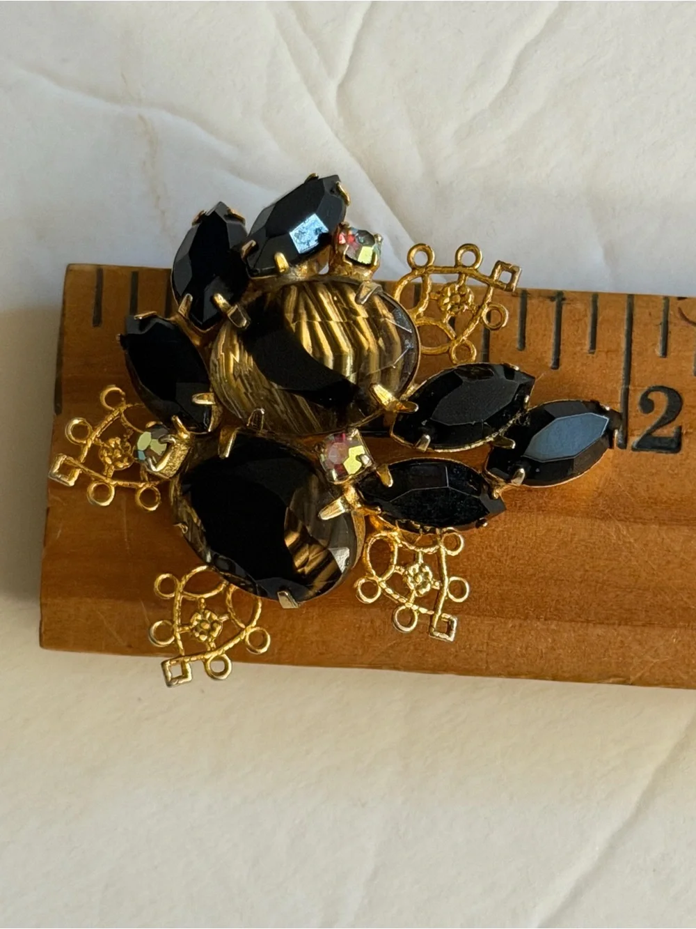 VTG D and E Juliana Gold-Tone Black and Smoky Crystal Floral Filigree Pin Brooch